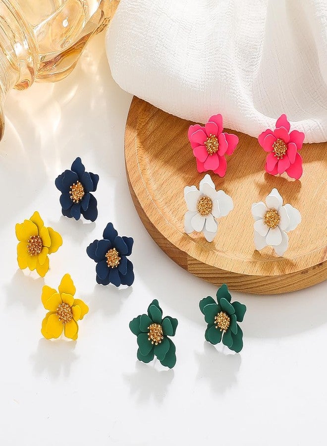 Mintolex Summer Beach Flower Earrings for Women Boho Matte Stud Earrings Layered Floral Petals Earrings with Gold Flower Bud Pink Blue White Yellow Green Pack of 5 Pairs - Image 4